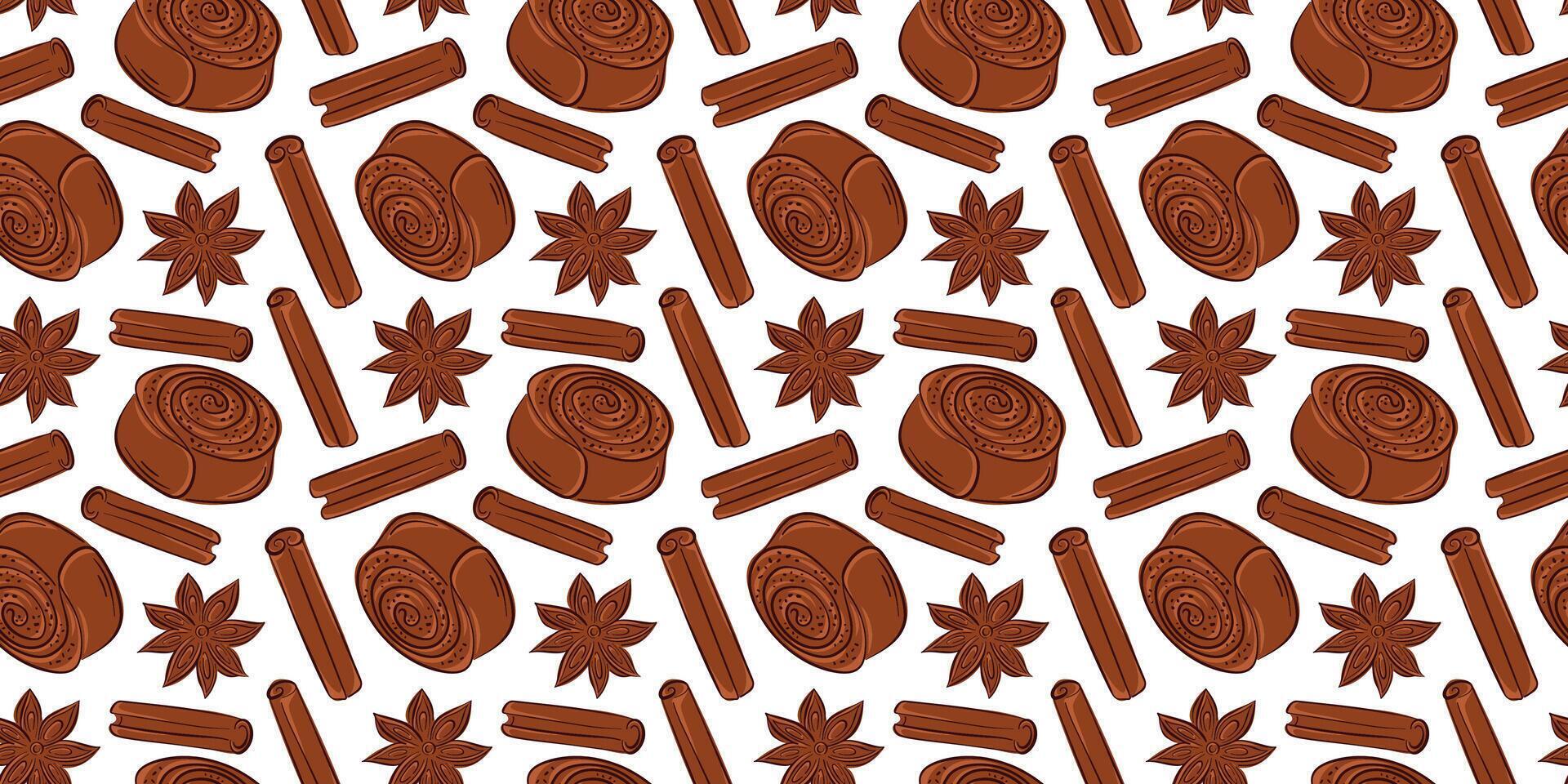 Seamless pattern with cinnamon roll, stick and star anise in flat style. Perfect for bakery package, breakfast menu background and dessert delivery. vector