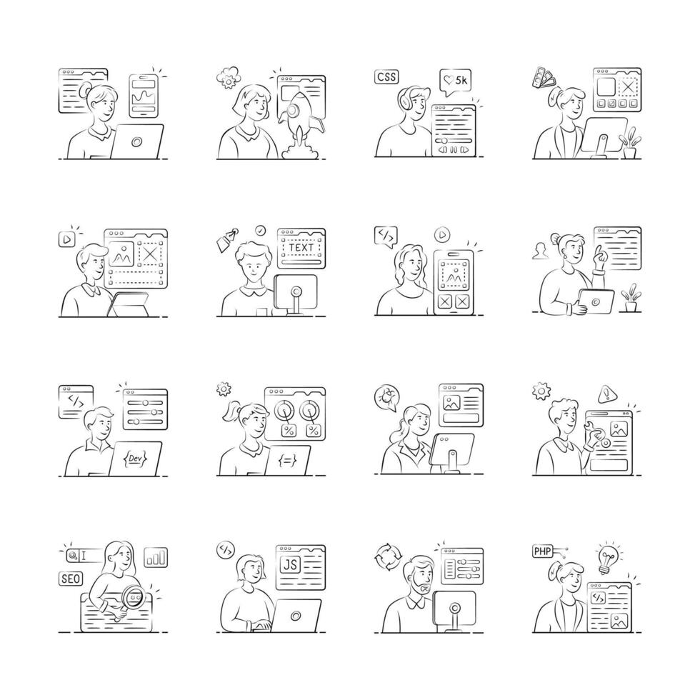 Take a look at this amazing hand drawn illustration set of web development team members working on diverse digital projects. vector