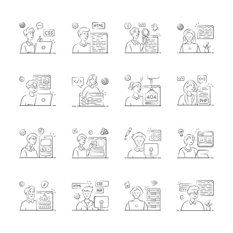 A set of illustrations depicts a diverse team of web developers working on various aspects of website creation and maintenance. vector