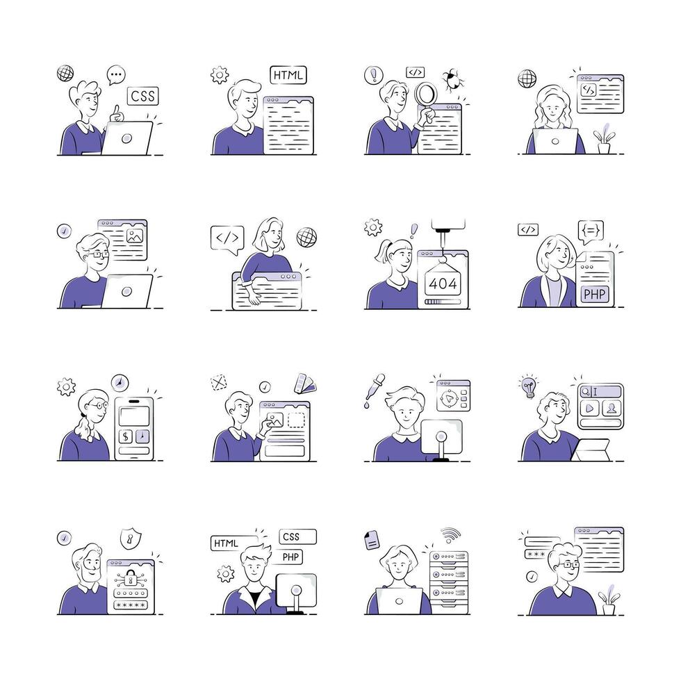 Web Development Team Working on Various Projects vector