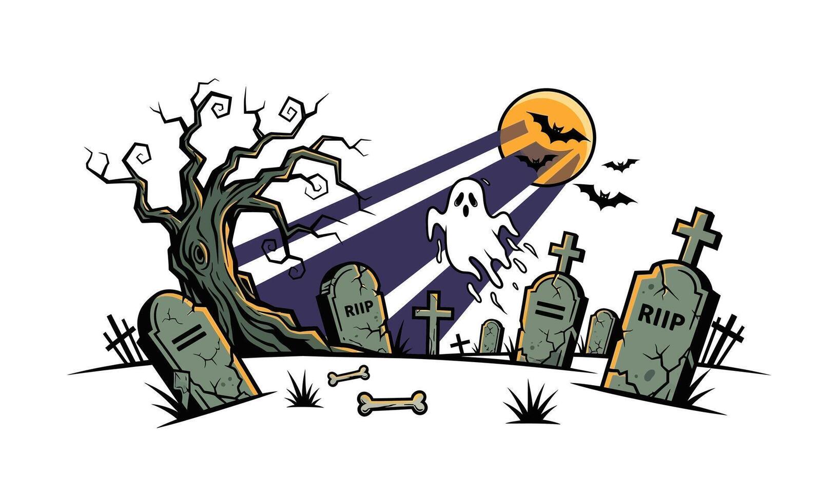 Spooky Halloween graveyard scene with a floating ghost and full moon. vector