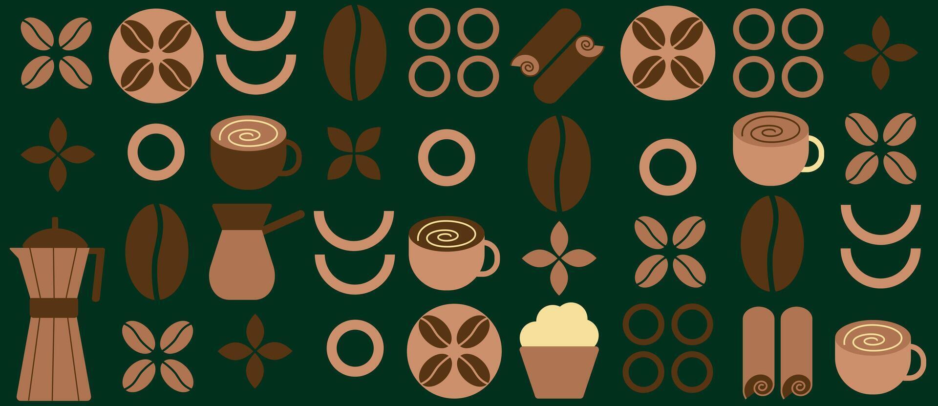 Geometric coffee and tea pattern in Bauhaus style. Abstract print background with simple shapes for coffee shop, food packaging, cafe wall, menu. vector