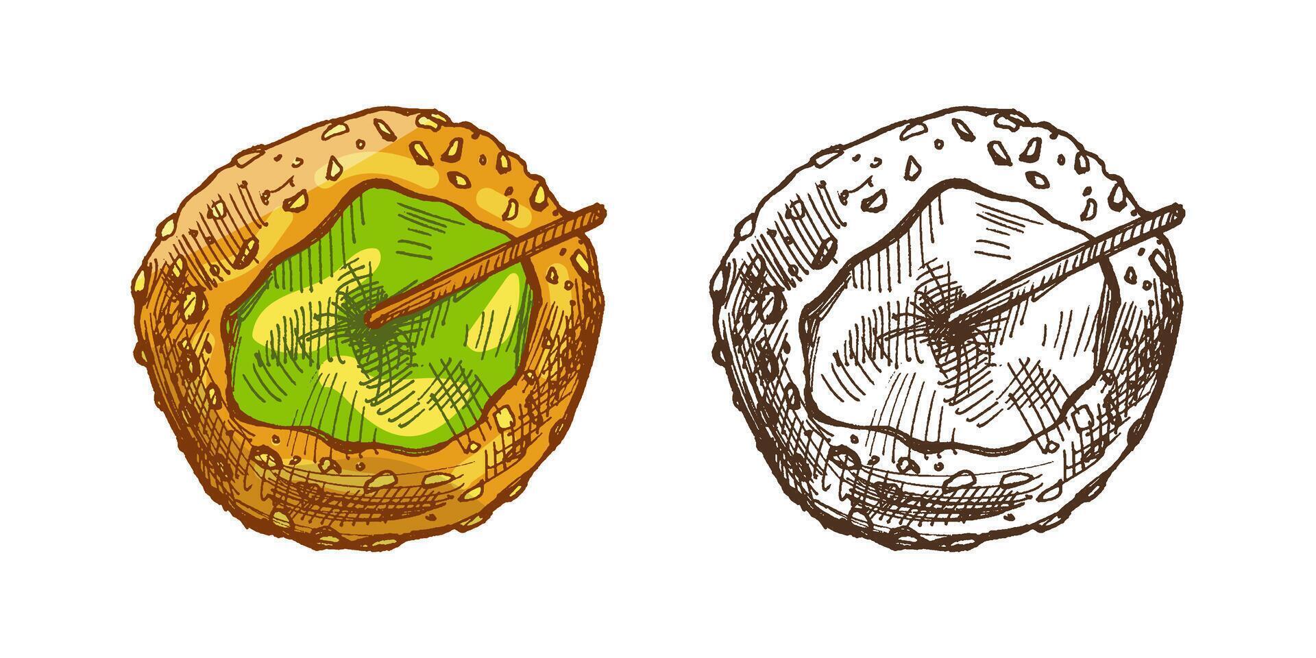 Hand drawn vintage sketch of caramel apple with sesame coating and wooden stick in color and monochrome version vector
