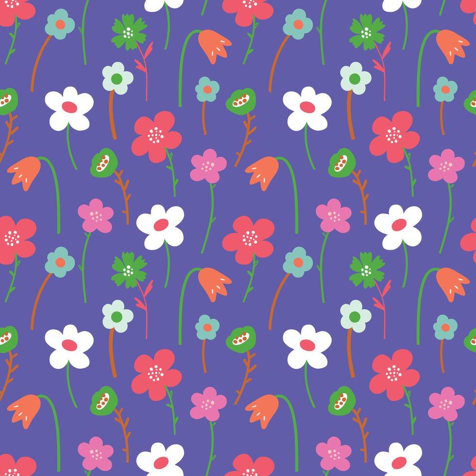 Pattern seamless with delicate multicolored flowers in flat style on a lilac background vector