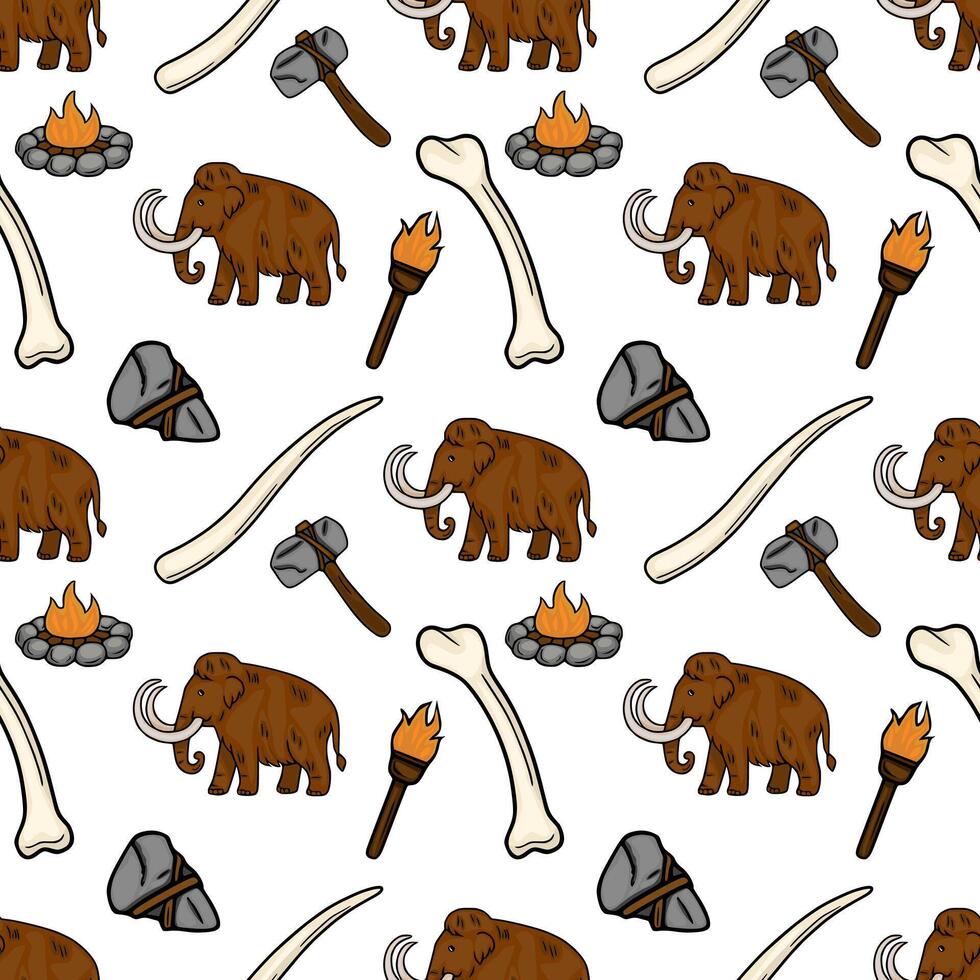 Seamless pattern featuring hand drawn illustrations of woolly mammoths, stone age tools, bones, and campfires, creating a prehistoric theme with brown and beige color palette. vector