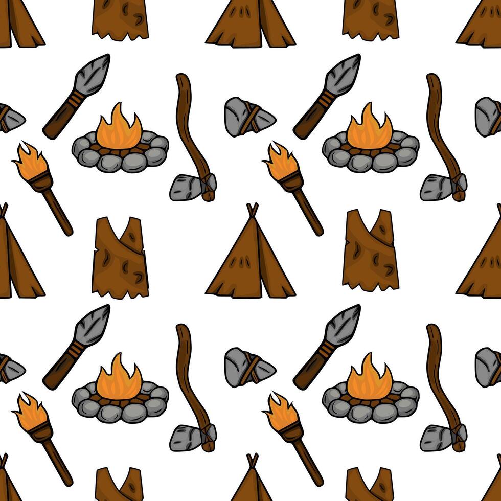 Seamless pattern featuring hand drawn illustrations of Stone Age tools, clothing, and a campfire, rendered in a cartoon style with brown and grey color palette, perfect for textile design or... vector