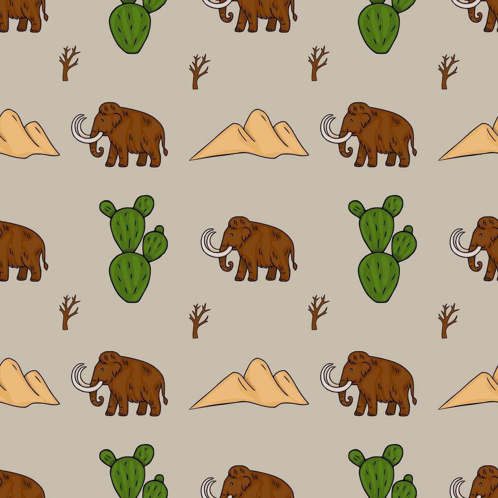 Seamless pattern featuring woolly mammoths, cacti, sand dunes, and dead trees, creating a prehistoric desert vector