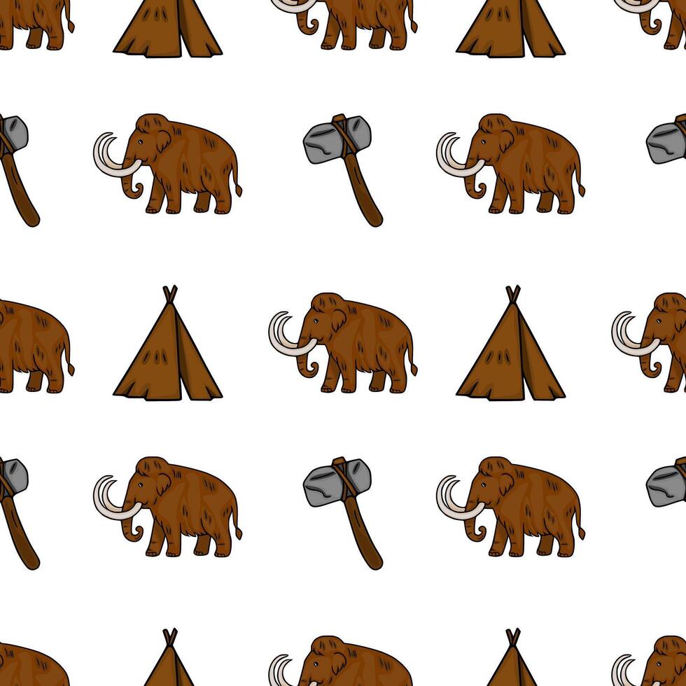 Seamless pattern featuring hand drawn illustrations of woolly mammoths, stone age tents, and primitive axes, rendered in a brown and white color scheme, ideal for textile prints or prehistor... vector