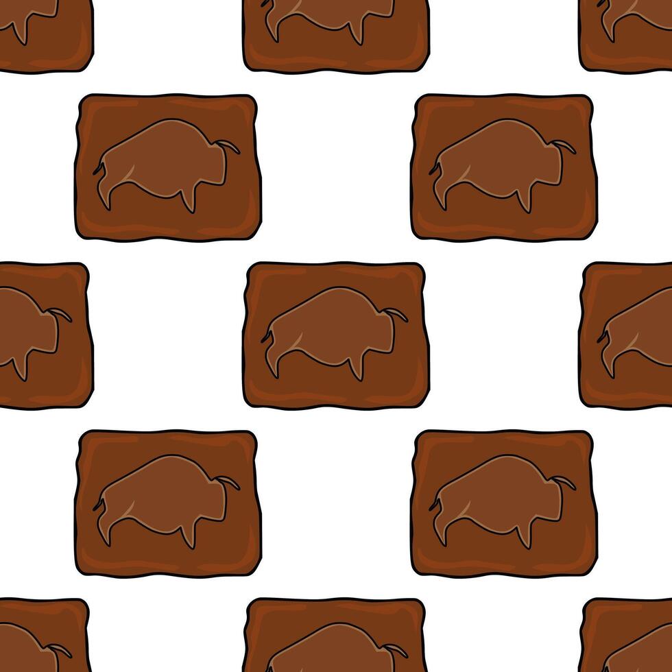 Seamless pattern featuring stylized brown bison cave paintings on rectangular brown plaques, creating a prehistoric themed repeating design. vector