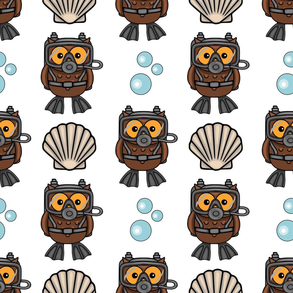 Seamless pattern featuring adorable cartoon owls scuba diving, complete with diving gear, alongside seashells and bubbles, creating a playful underwater scene. vector