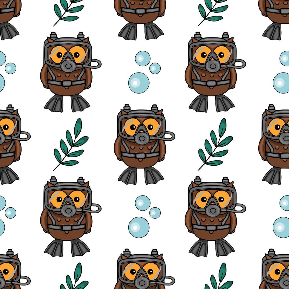 Seamless pattern featuring adorable cartoon owls dressed in scuba gear, complemented by playful bubbles and teal foliage, creating a whimsical underwater scene. vector
