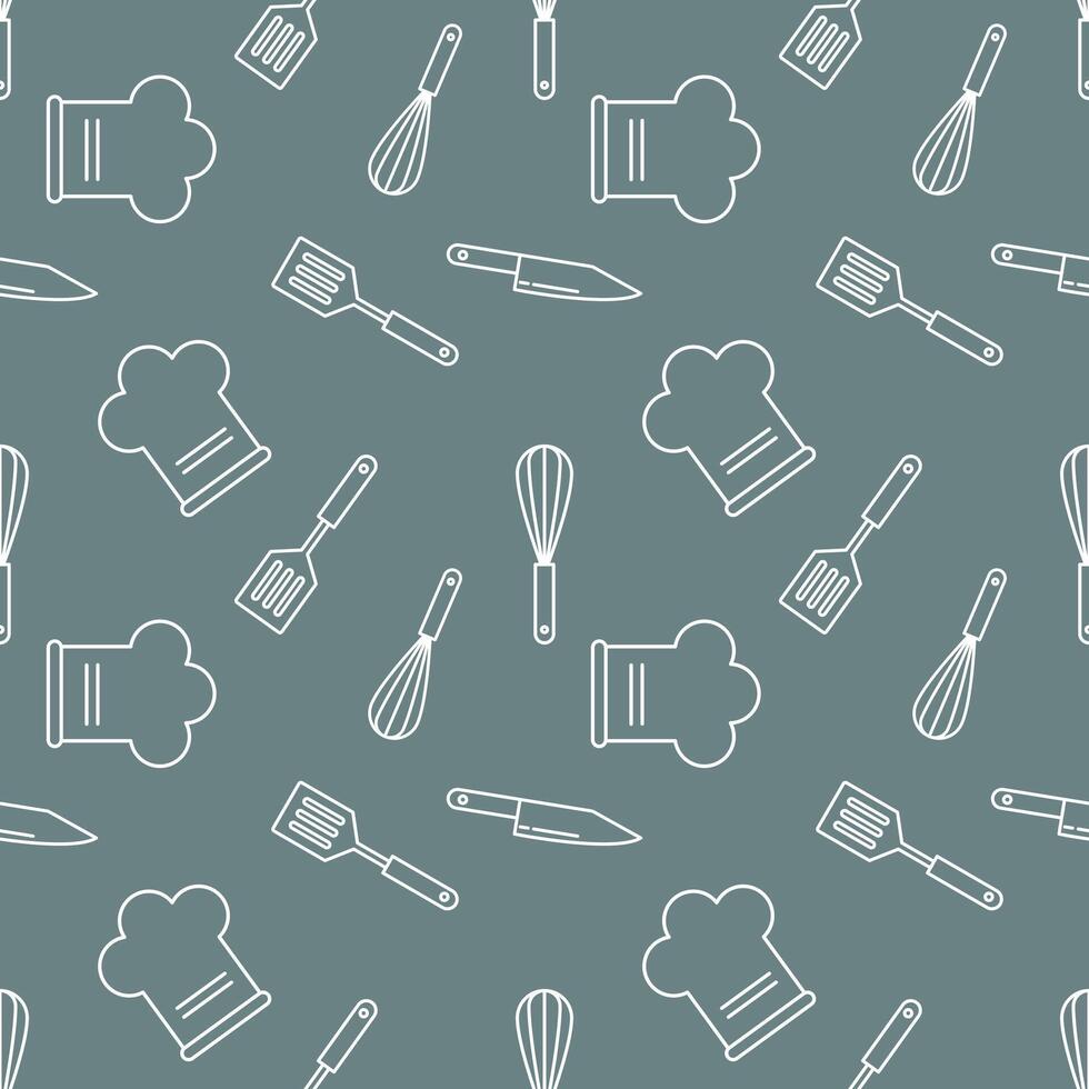 A seamless pattern of kitchen tools and chef hats, perfect for culinary or food-related designs. The repeating pattern features an array of essential culinary elements vector