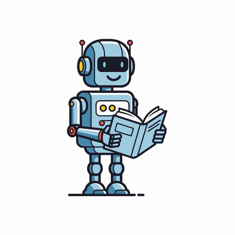 A Cute Blue Robot Character Enthusiastically Reading an Open Book Illustrating Learning And Knowledge Acquisition In A Simple Flat Design vector