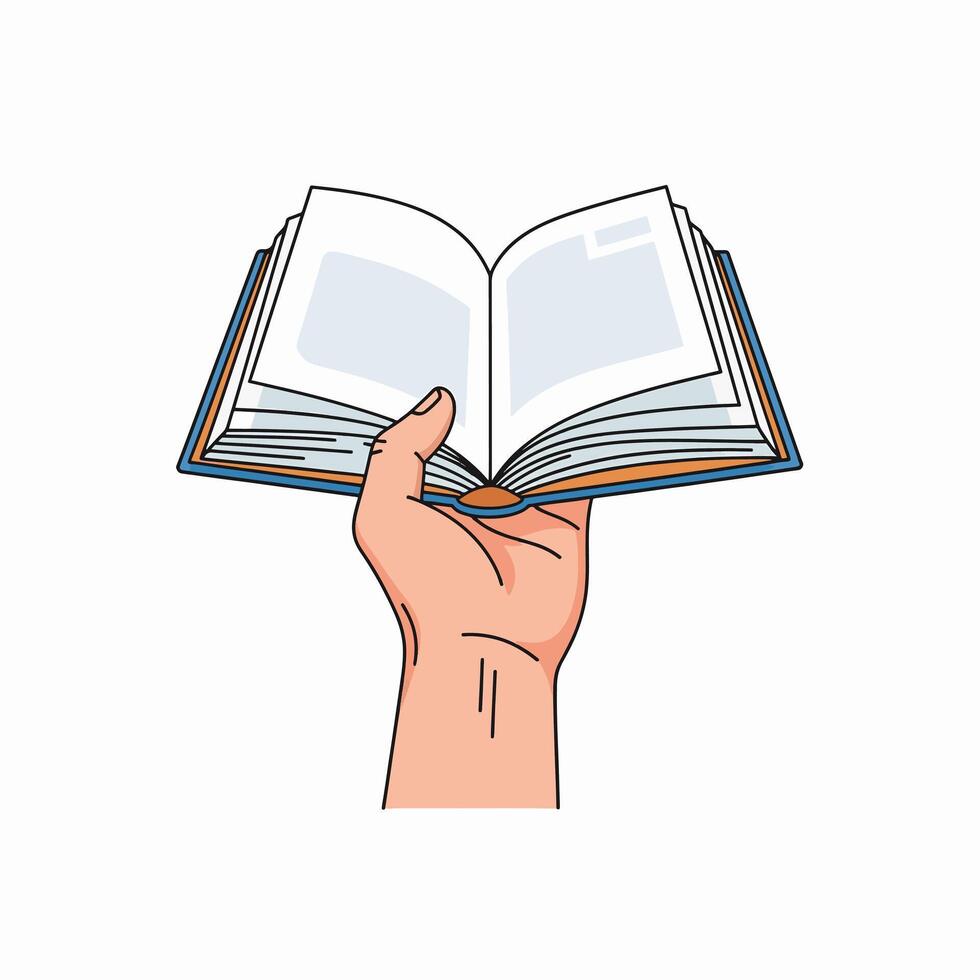 Open book held in a hand showing pages and text information knowledge learning education reading study writing vector