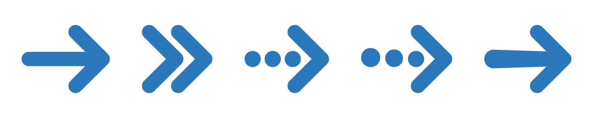Blue rounded right arrows set. Next, enter, swipe, scroll button. Flat icon. Continue icon. East arrow. vector