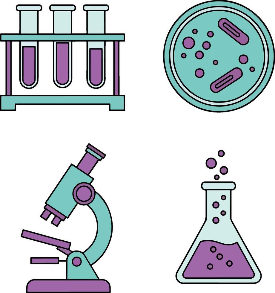 flat design icons set for science and research, including test tubes, petri dish, microscope, and flask vector