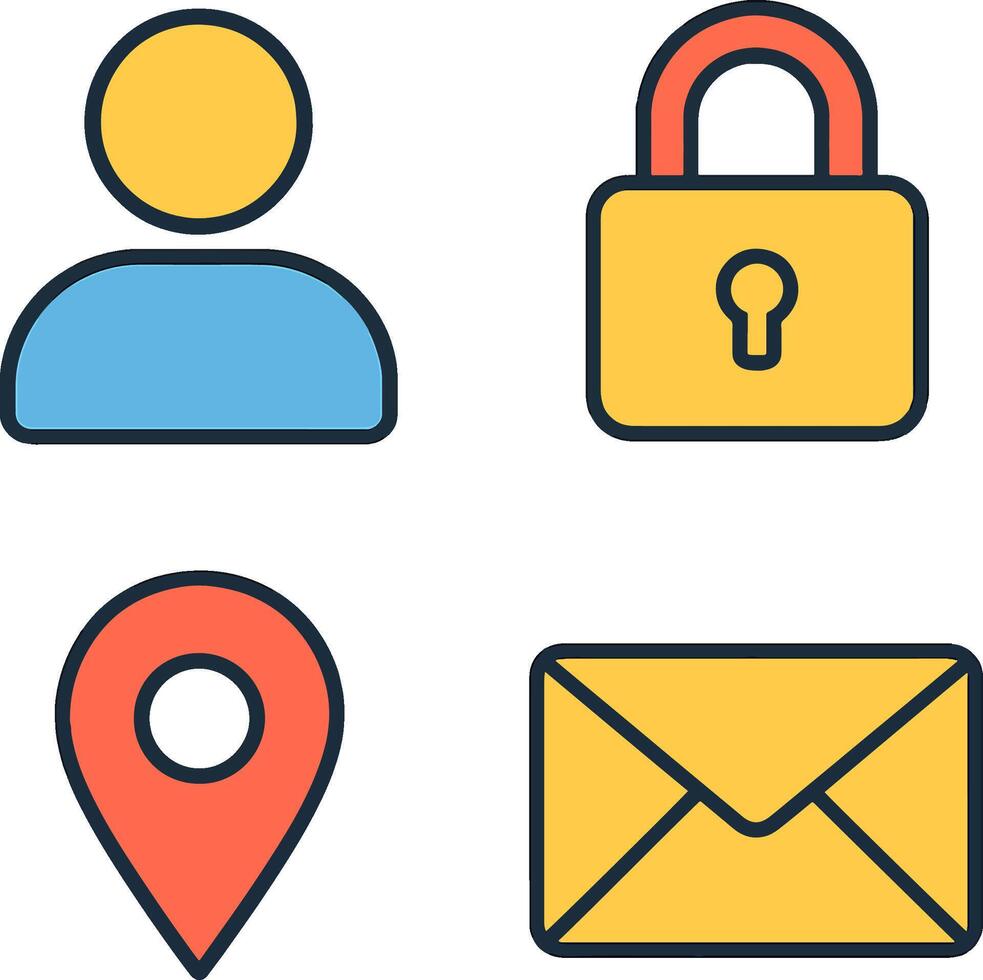 Essential flat 2D icons for user interface design, covering profile management, data security, geographic positioning, and digital messaging vector