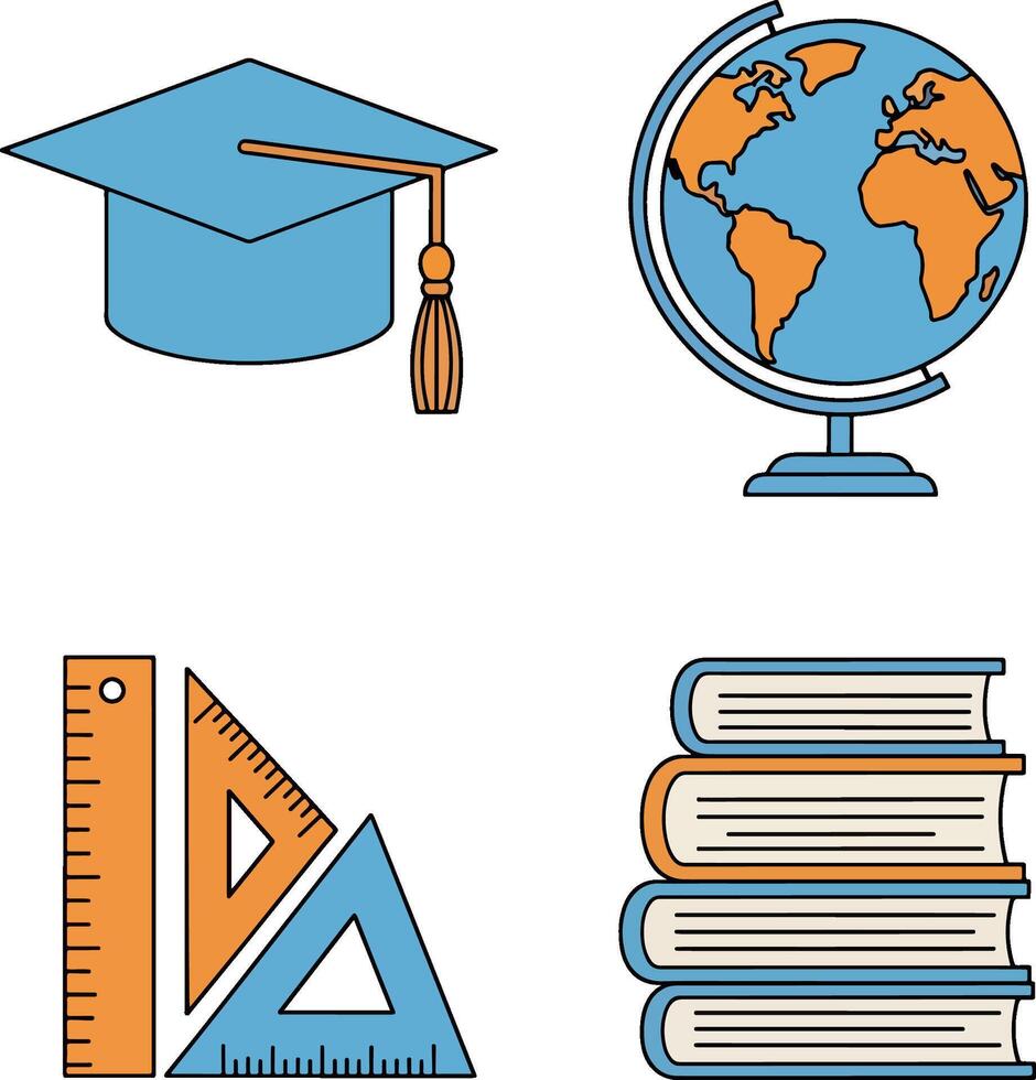 A collection of flat design education icons featuring a graduation cap, world globe, geometry tools, and a stack of books for academic concepts vector