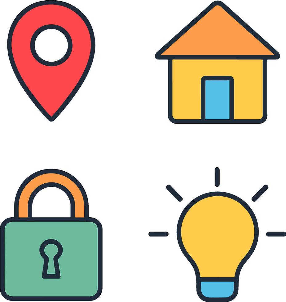 A vibrant collection of flat design icons depicting essential concepts like location, home, security, and bright ideas for modern digital interfaces and applications vector