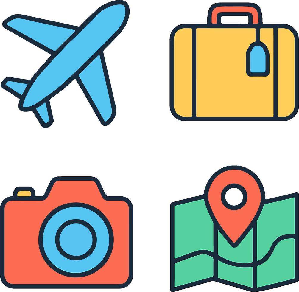 A vibrant set of flat design travel and adventure icons featuring an airplane, a suitcase, a camera, and a map with a pinpoint, ideal for tourism and navigation applications vector