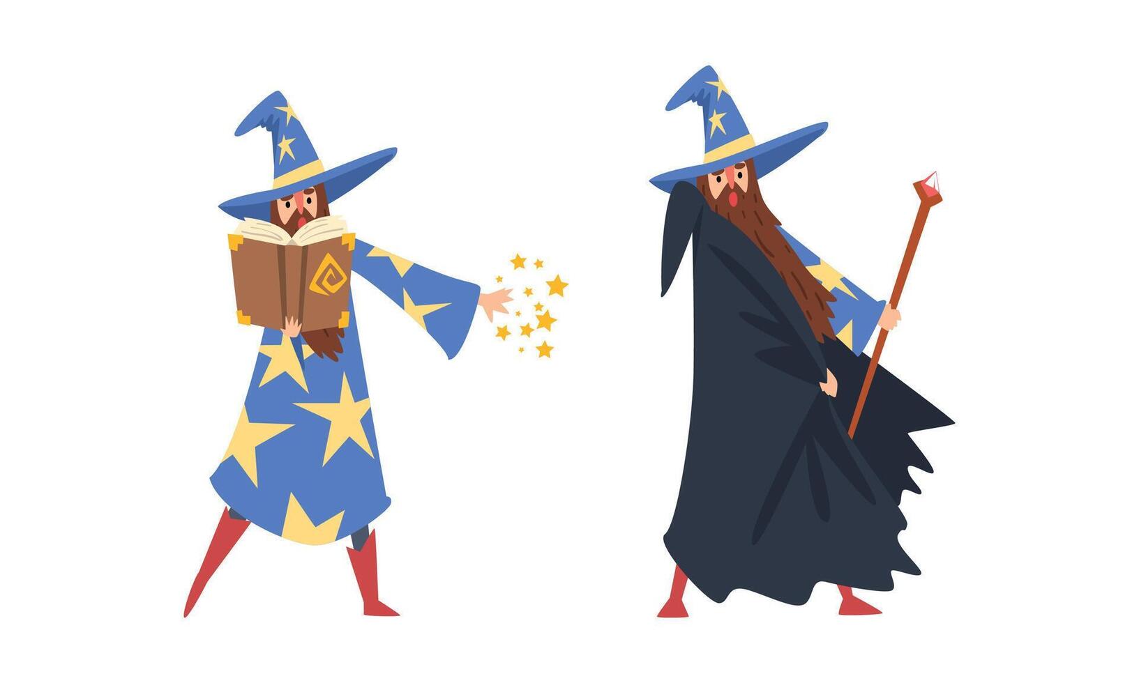 Sorcerer in Pointed Hat and Starry Gown Practicing Wizardry and Witchcraft with Magic Stick and Spellbook Set vector