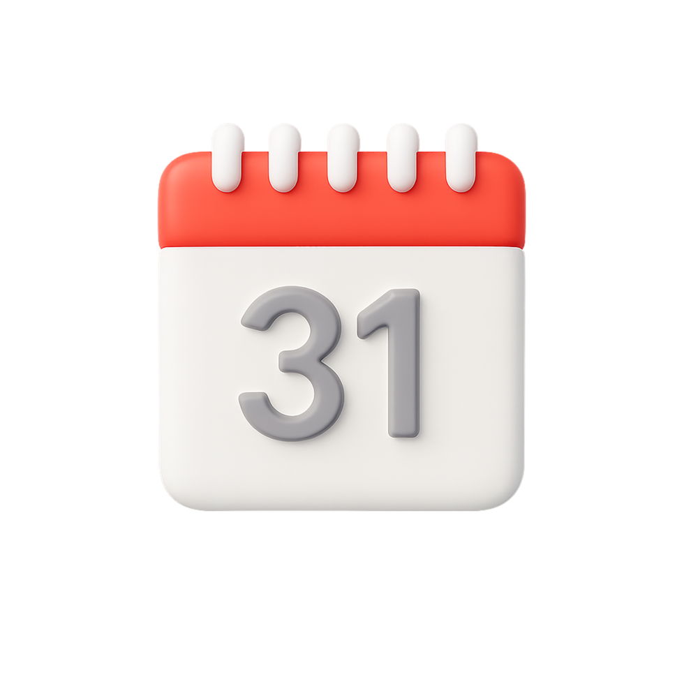 3D Render Calendar Icon with Date 31 ,Modern Minimalist Design for Event Planning, Deadline Reminders, and Important Dates png