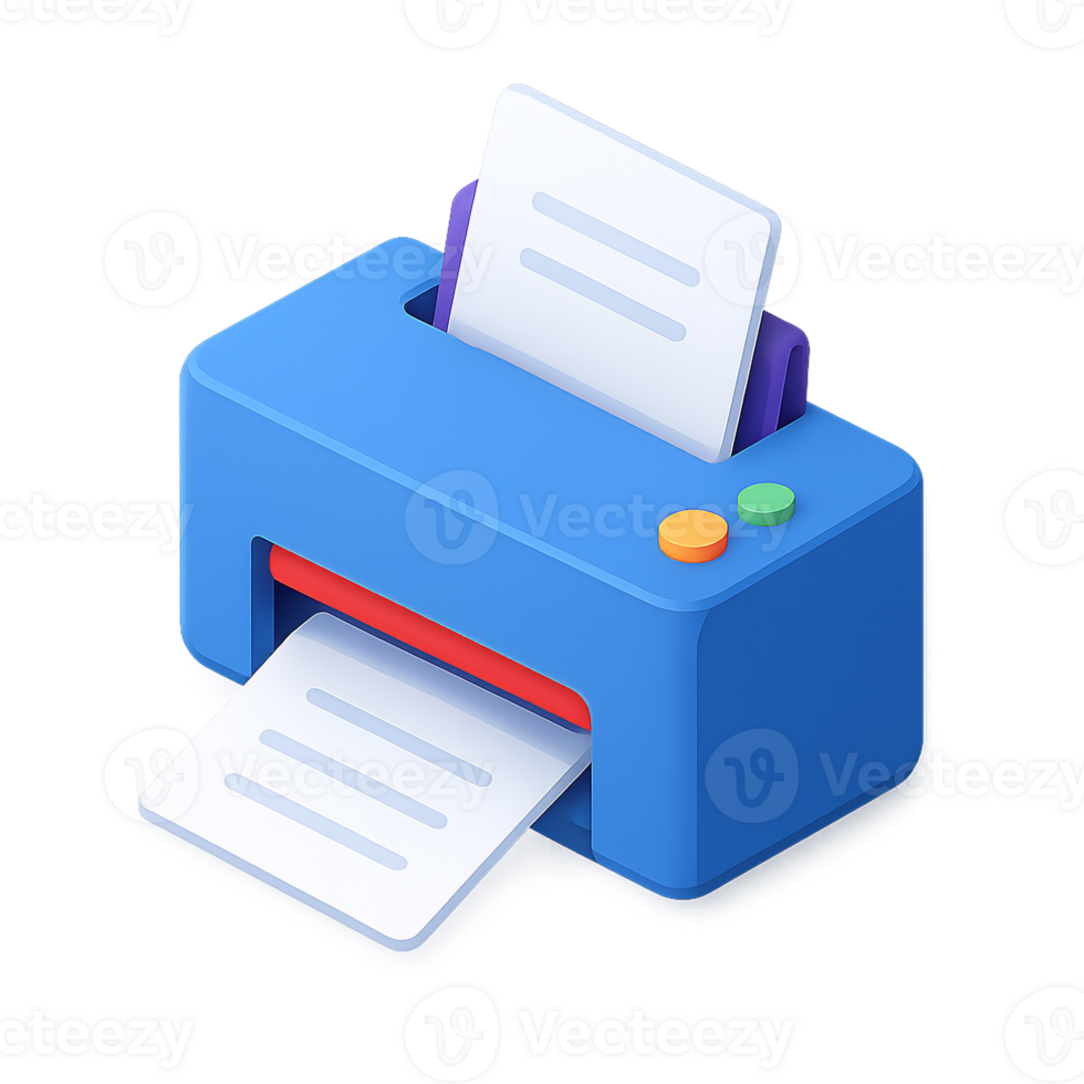 Modern 3D isometric blue printer icon rendering a document on a transparent background, ideal for user interface design, office technology, and business workflow concepts png