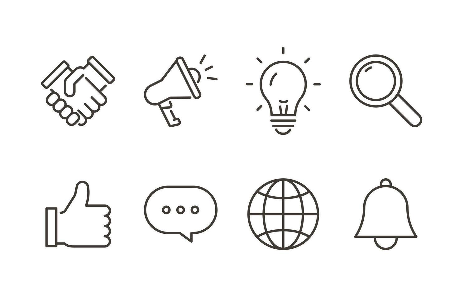 Digital communication icon set. Thin line editable stroke icons for interaction, feedback, global reach, messaging, online presence, notifications, ideas, and engagement tools vector
