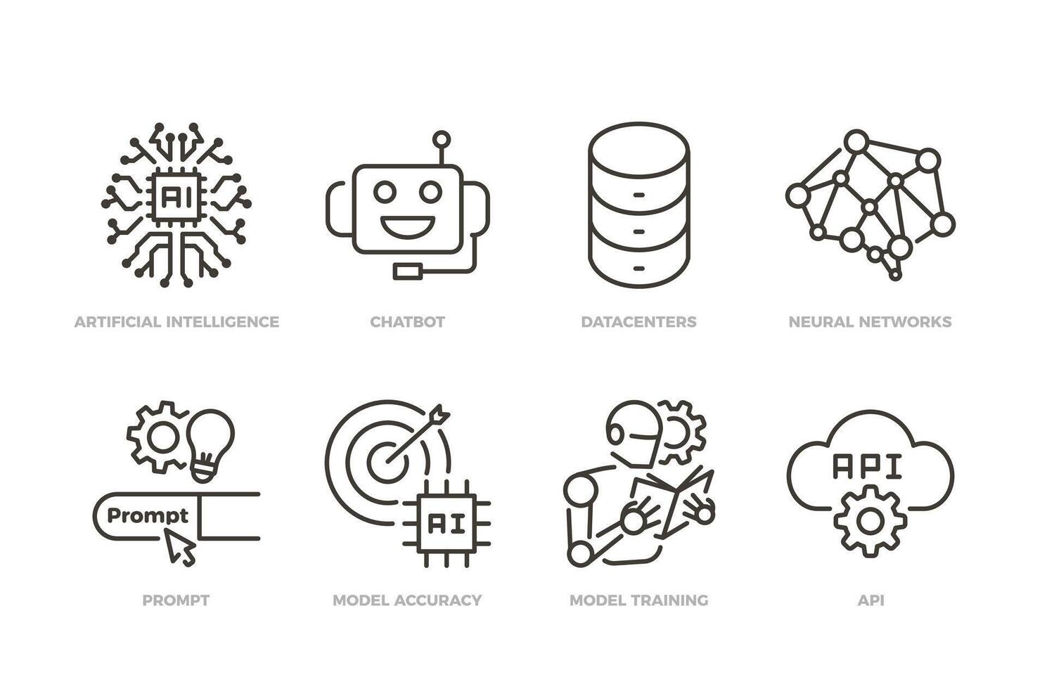 AI machine learning icon set. Thin line editable stroke icons for artificial intelligence, chatbot, neural networks, training models, prompts, accuracy, and API integration vector