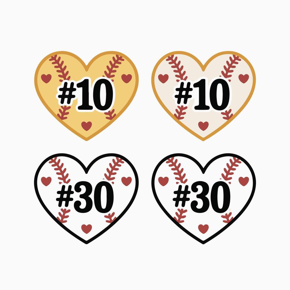Art of set of four heart shapes with baseball stitching and numbers 10 and 30 vector