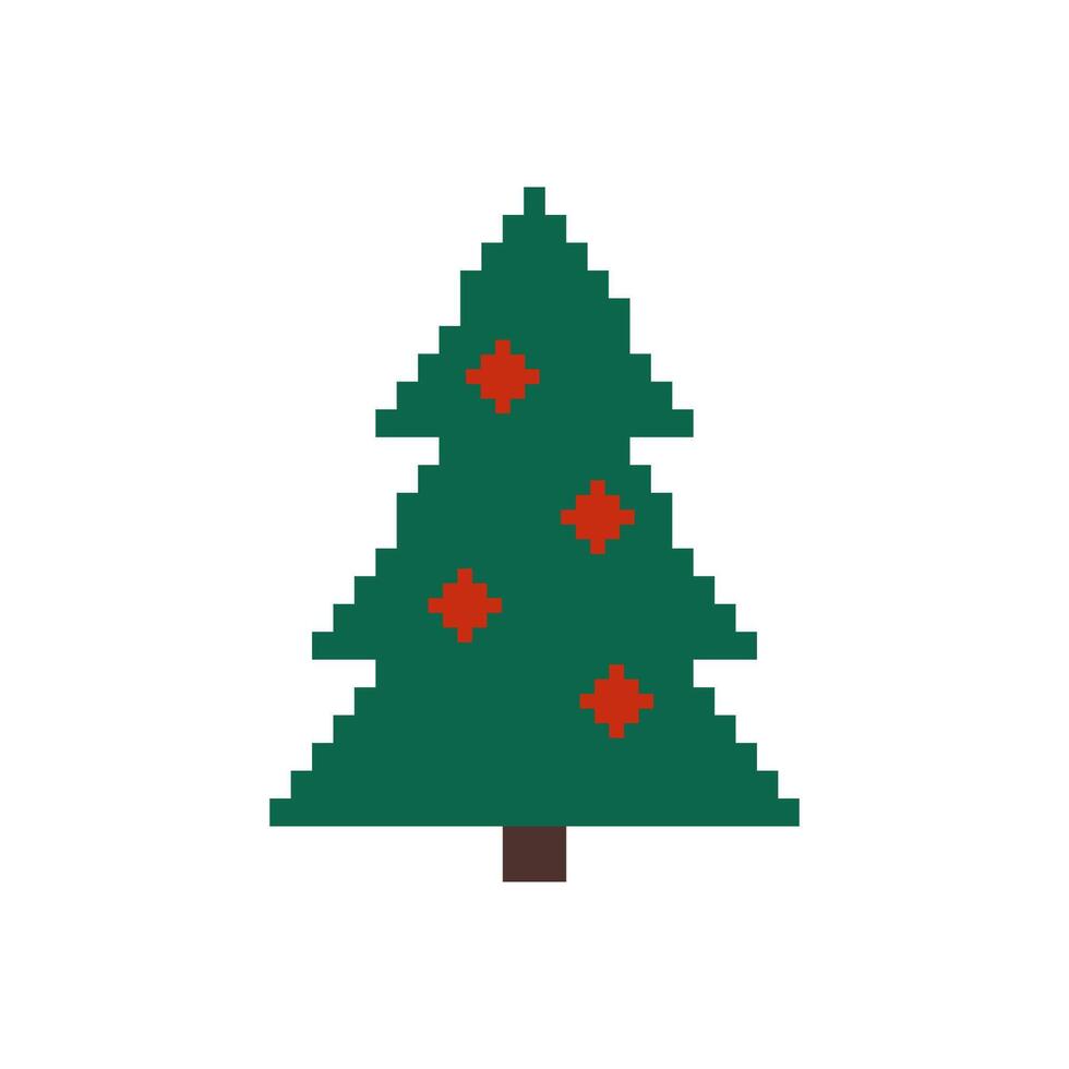 Pixel art Christmas tree with red decorations Retro 8bit game style Xmas isolated on white background vector