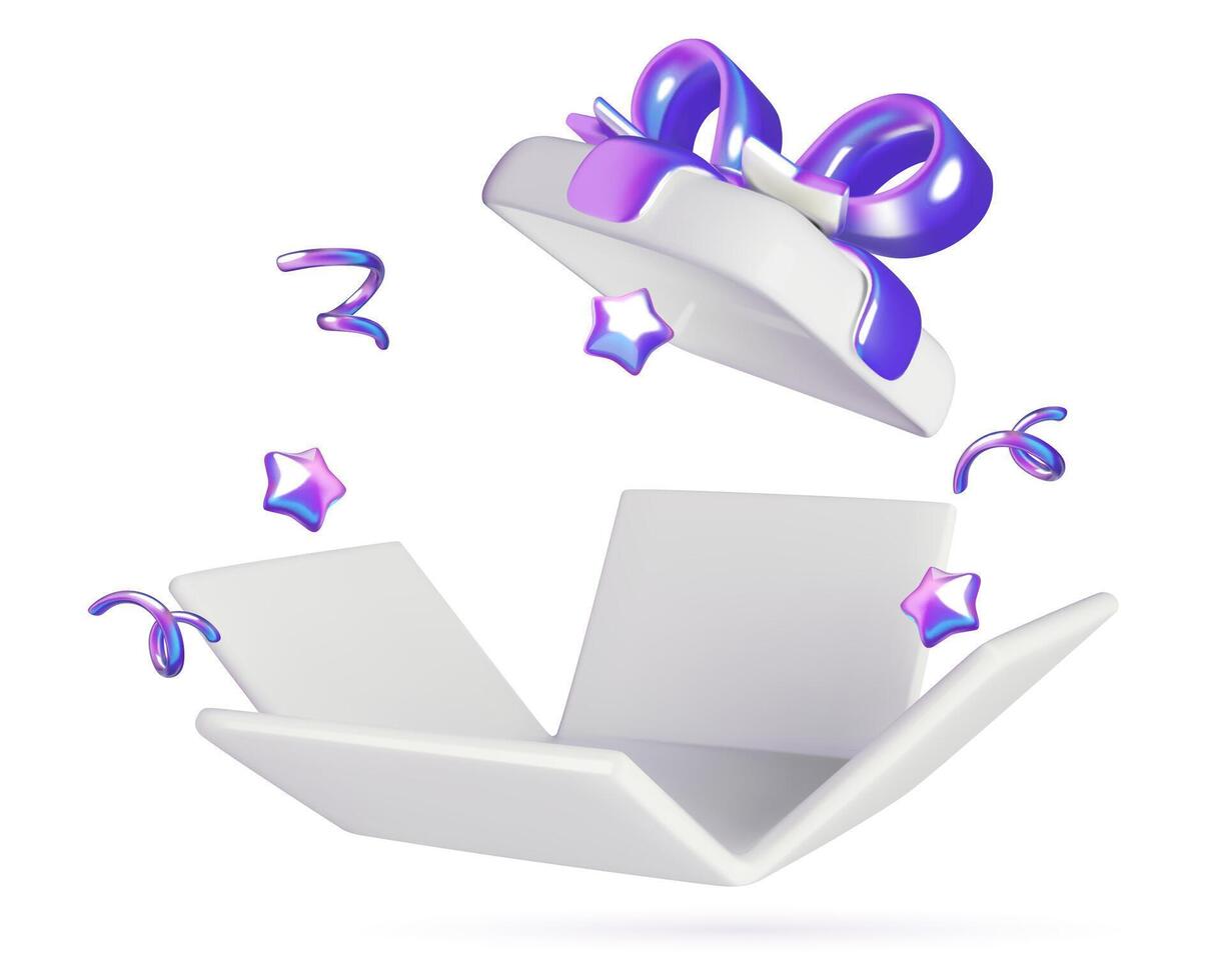 3d birthday present gift box opened exploding with stars and ribbons with empty space for a prize vector