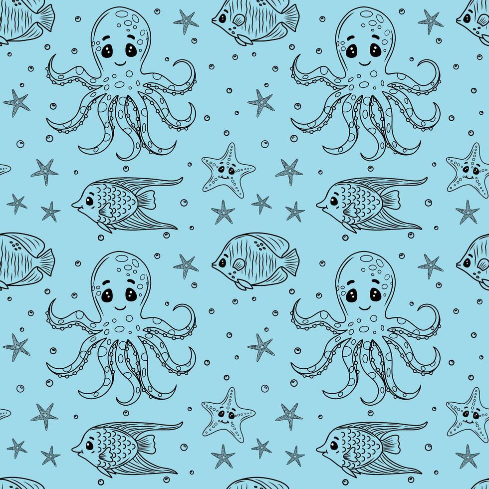 Seamless pattern with octopuses, starfish and fish. Characters in a kawaii style. contour elements on a blue background. Sea pattern. illustration vector