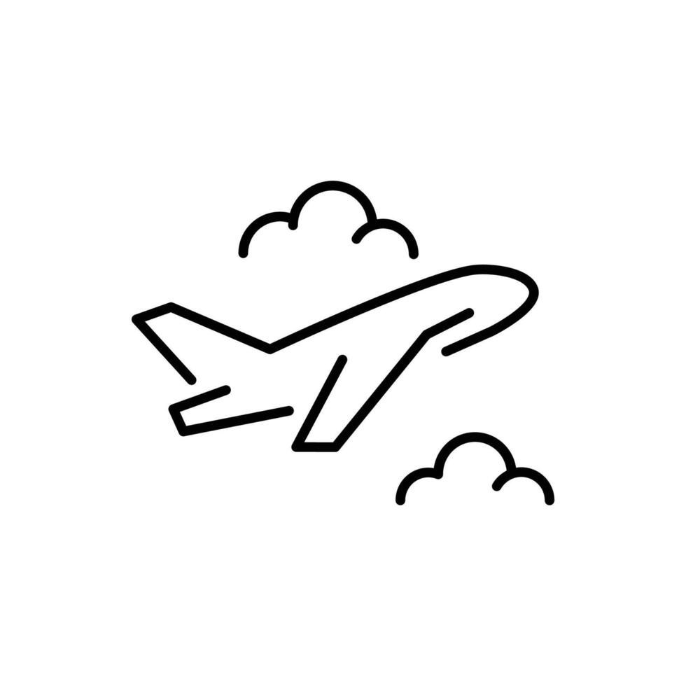 Plane flight icon. Simple outline style. Commercial airplane climbing between clouds, joy of flying and traveling concept. Thin line symbol. Isolated design vector