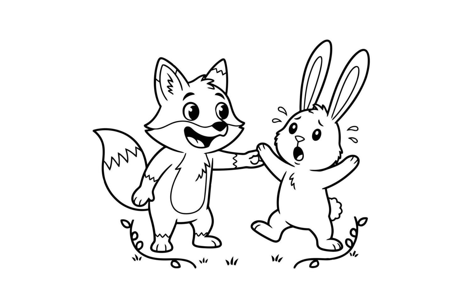 Humorous line art of a fox surprising a rabbit creating a funny situation vector