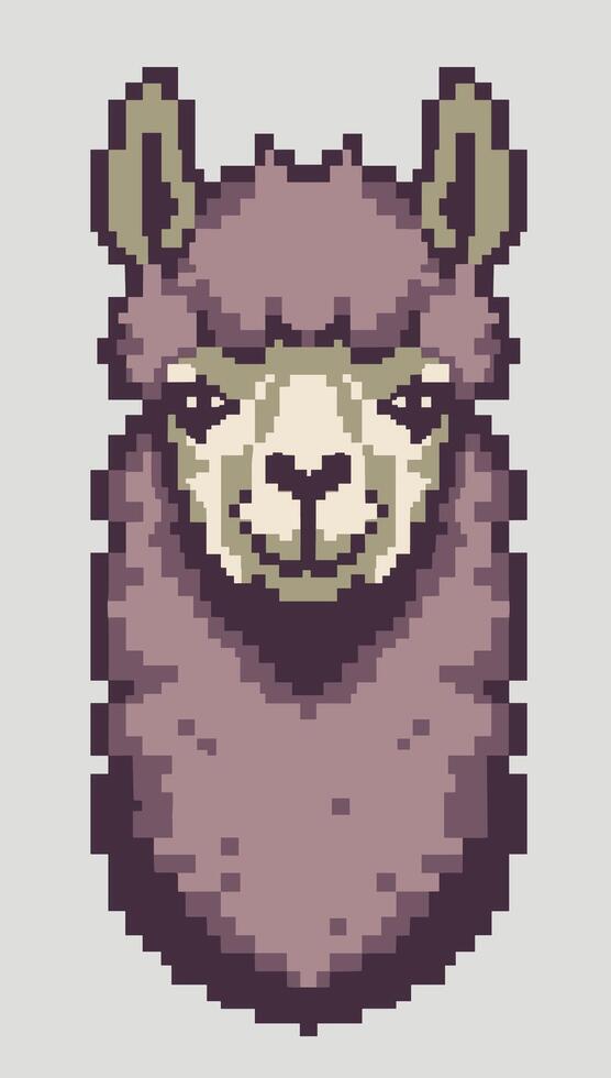 Pixel art alpaca icon in retro 8-bit style. Minimalist design with clean pixel shapes and earthy tones. Perfect for fantasy RPGs, indie games, digital assets, and stickers. vector