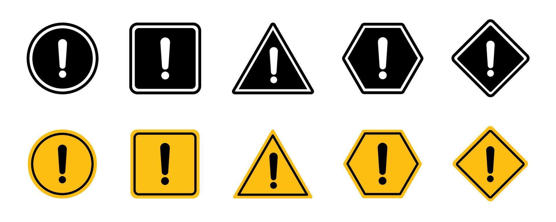 Alert symbol. Warning icon and sign. Exclamation mark inside rectangle, triangle, circle, hexagon, and rhombus. vector