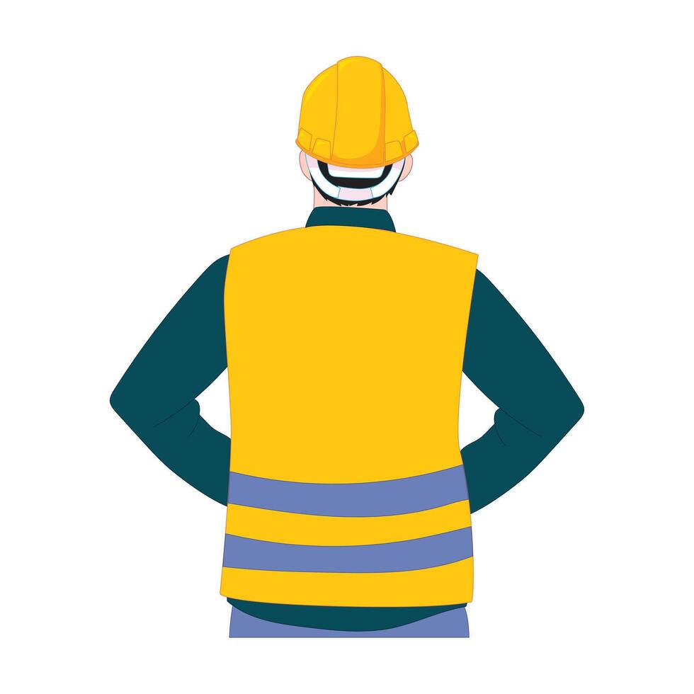 Flat illustration of construction worker back view with yellow helmet and vest useful for industry engineering building labor teamwork safety design and development projects vector