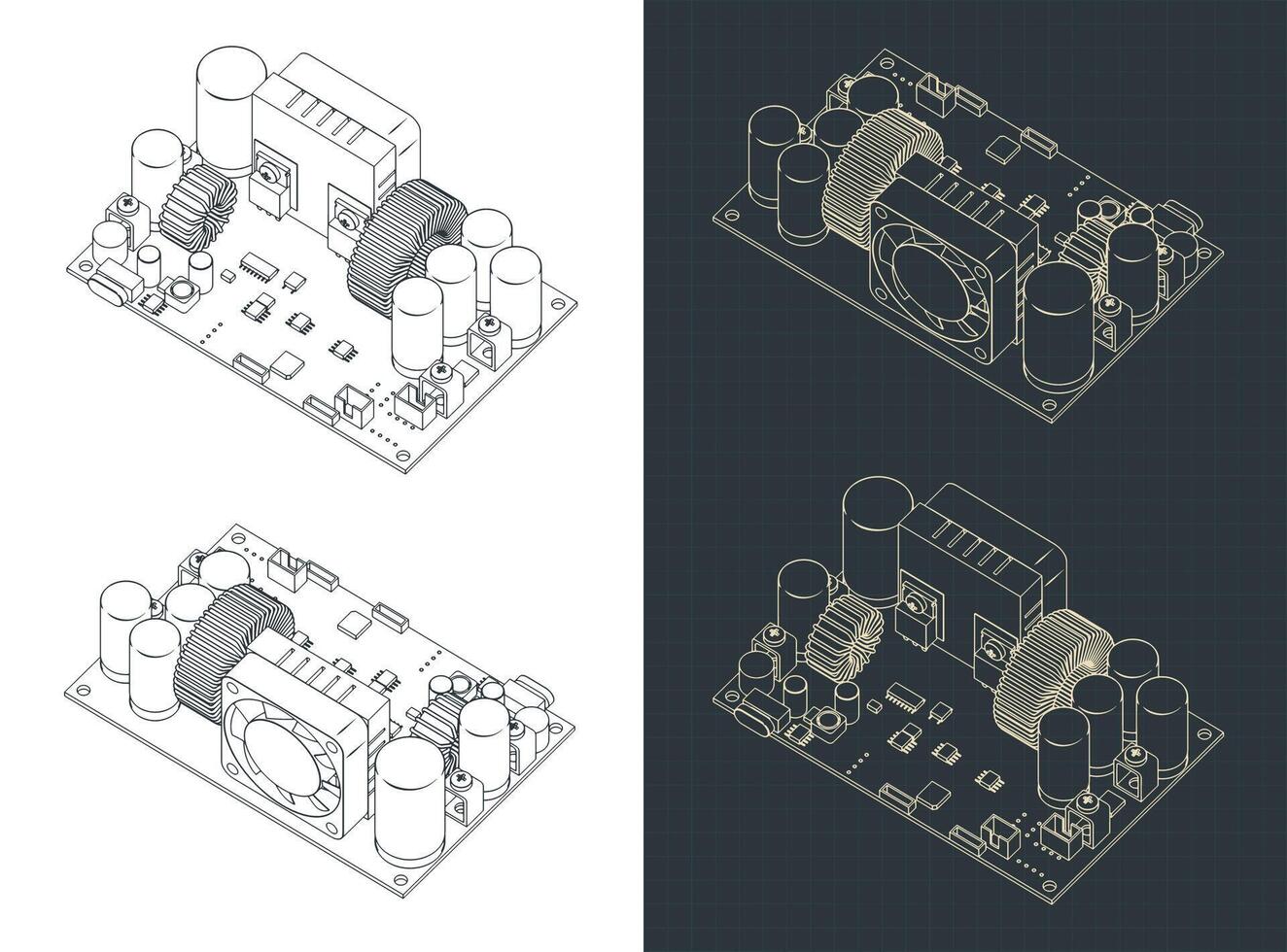 CNC power supply module isometric drawings vector