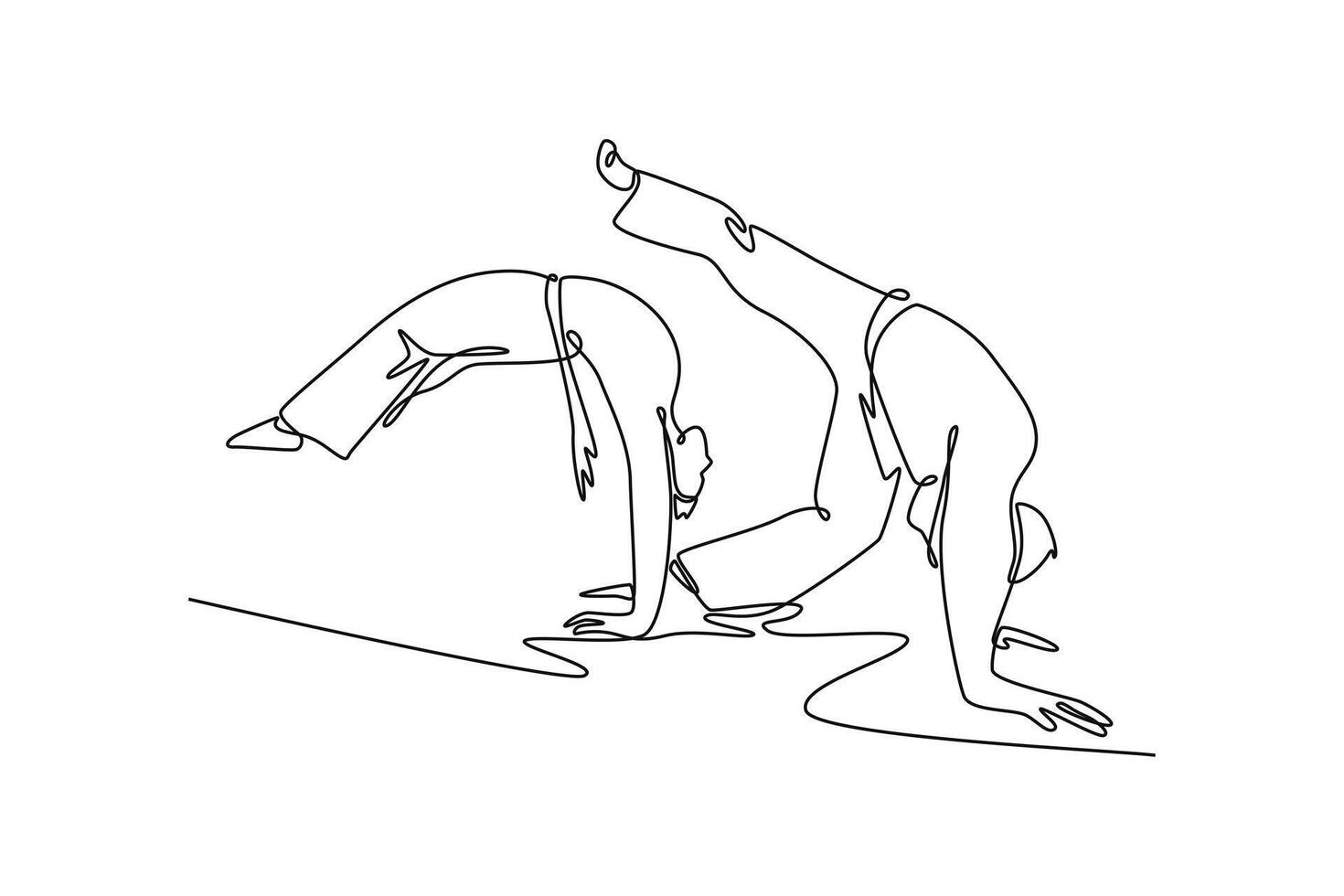 Single continuous line drawing two figures in a graceful Capoeira routine, both in bridge poses, highlighting the fluid, acrobatic partnership. Dynamic one line draw graphic design illustration vector