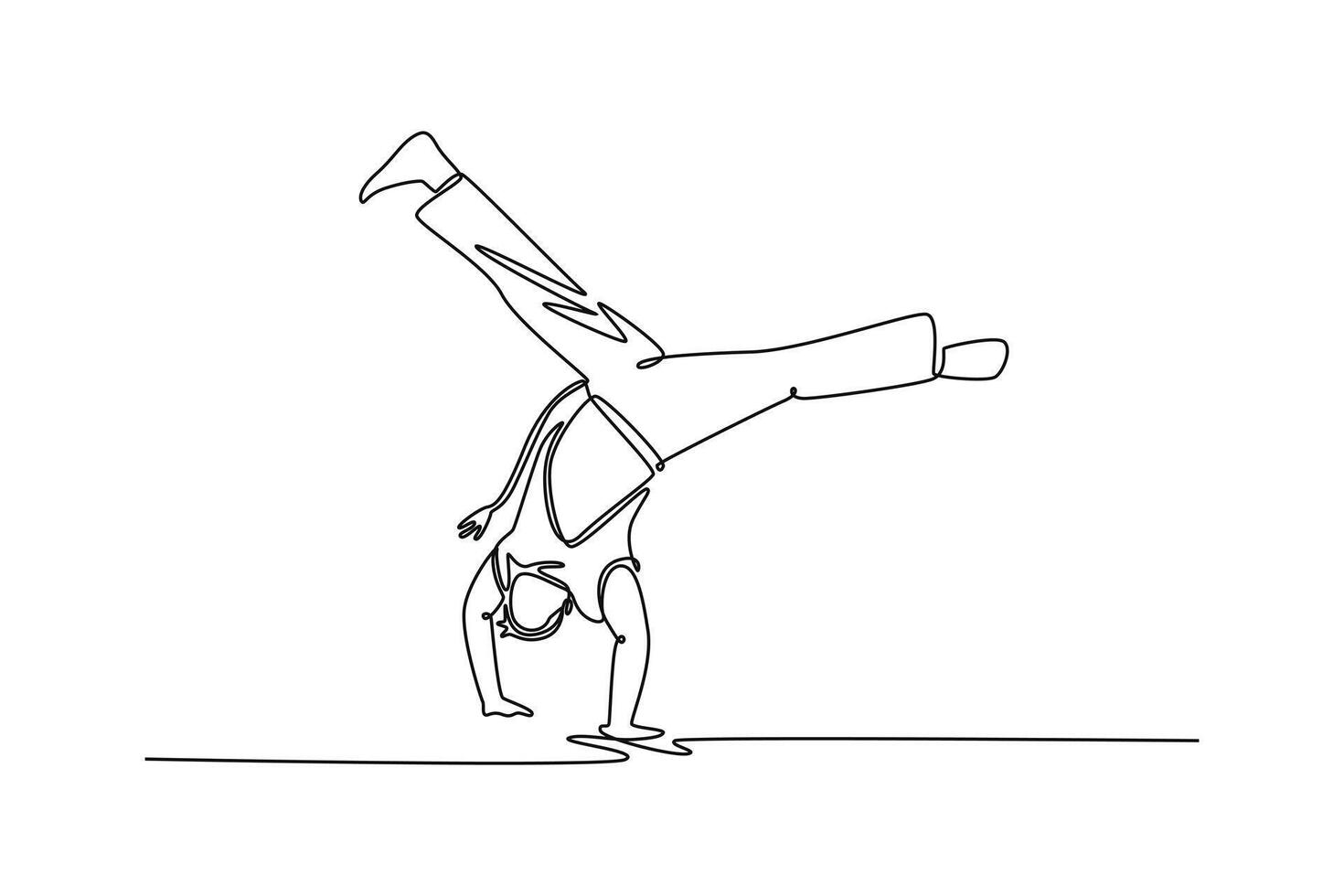 Single one line drawing active man performing Capoeira handstand, core element of martial art, balance and strength required for acrobatic move. Continuous line draw design graphic illustration vector
