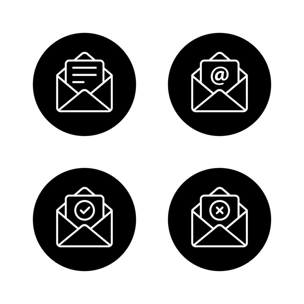 Email envelope icon collection on black circle. Document insert, mail mention symbol, verified, and failed message vector