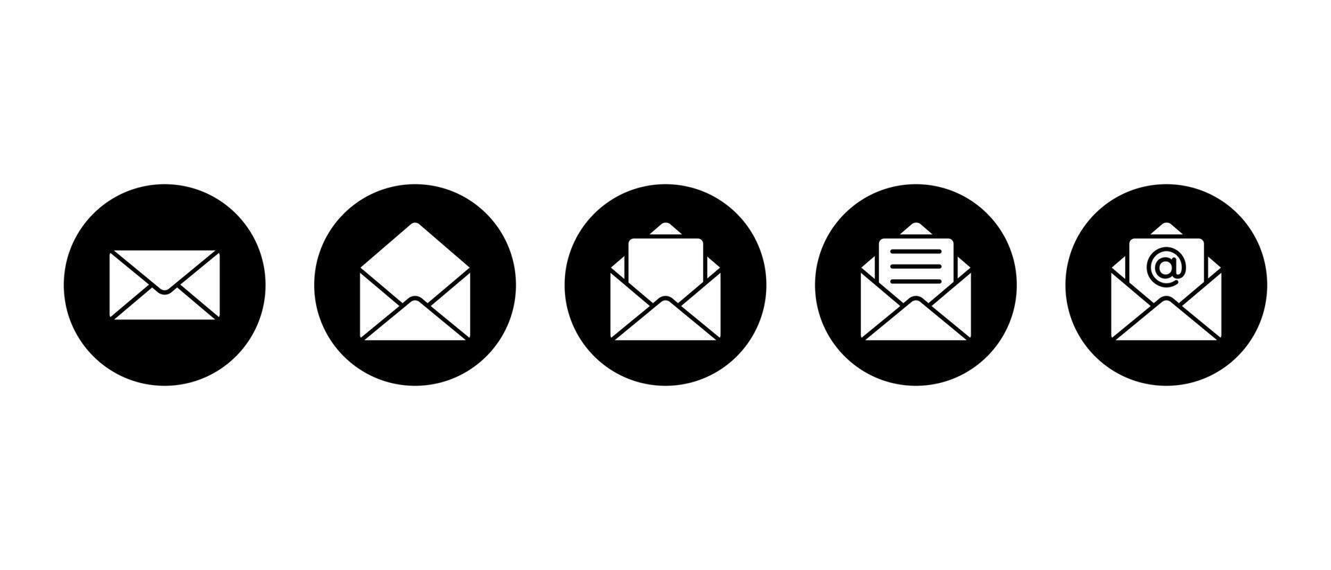 Email envelope icon set. Close, open mail, incoming letter, text message, and inbox with mention symbol in black circle vector
