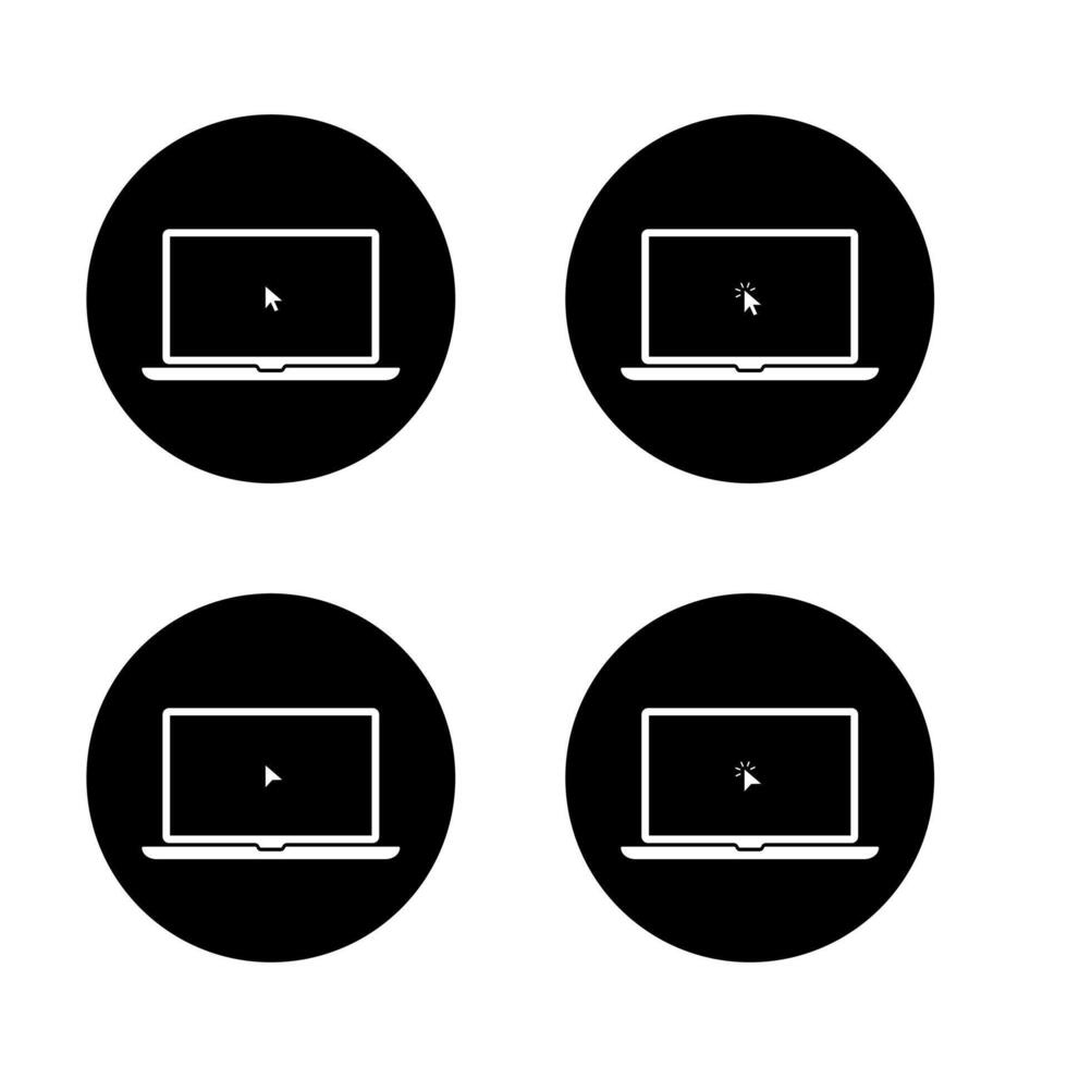 Laptop with mouse cursor icon set in black circle. Computer screen showing pointer and click action vector