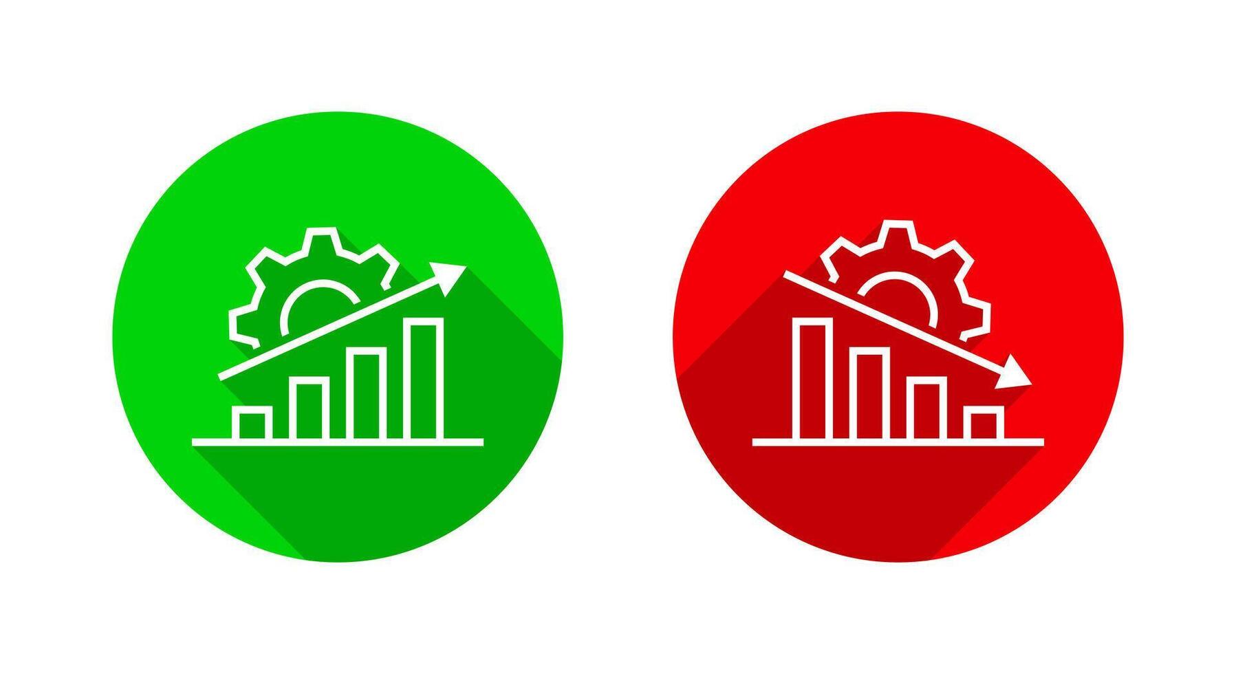 Growth and decline bar chart icon with gear. Business productivity, performance, success, and failure symbol with long shadow vector