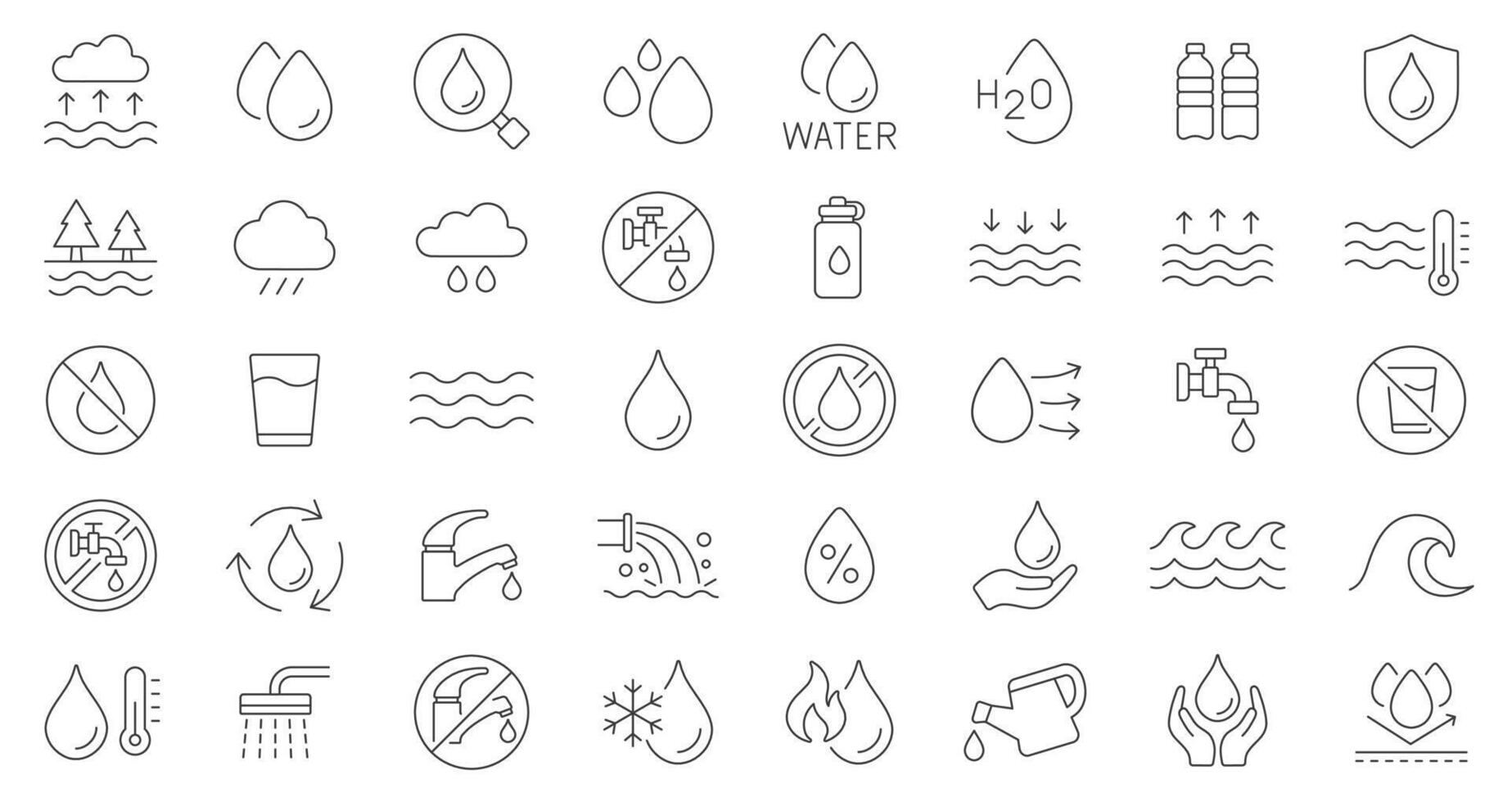 Water Line Icon Set Features 40 Editable Stroke Thin Line Symbols Including Drops, Waves, Taps, And H2O Elements. Perfect For Apps, Infographics, Websites, And Design Projects. Isolated vector