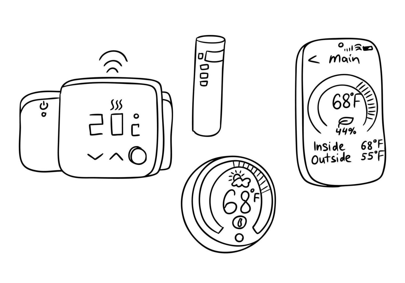 Smart home thermostat interface icons in black and white line art style. Concept of smart technology, climate control and energy efficiency vector
