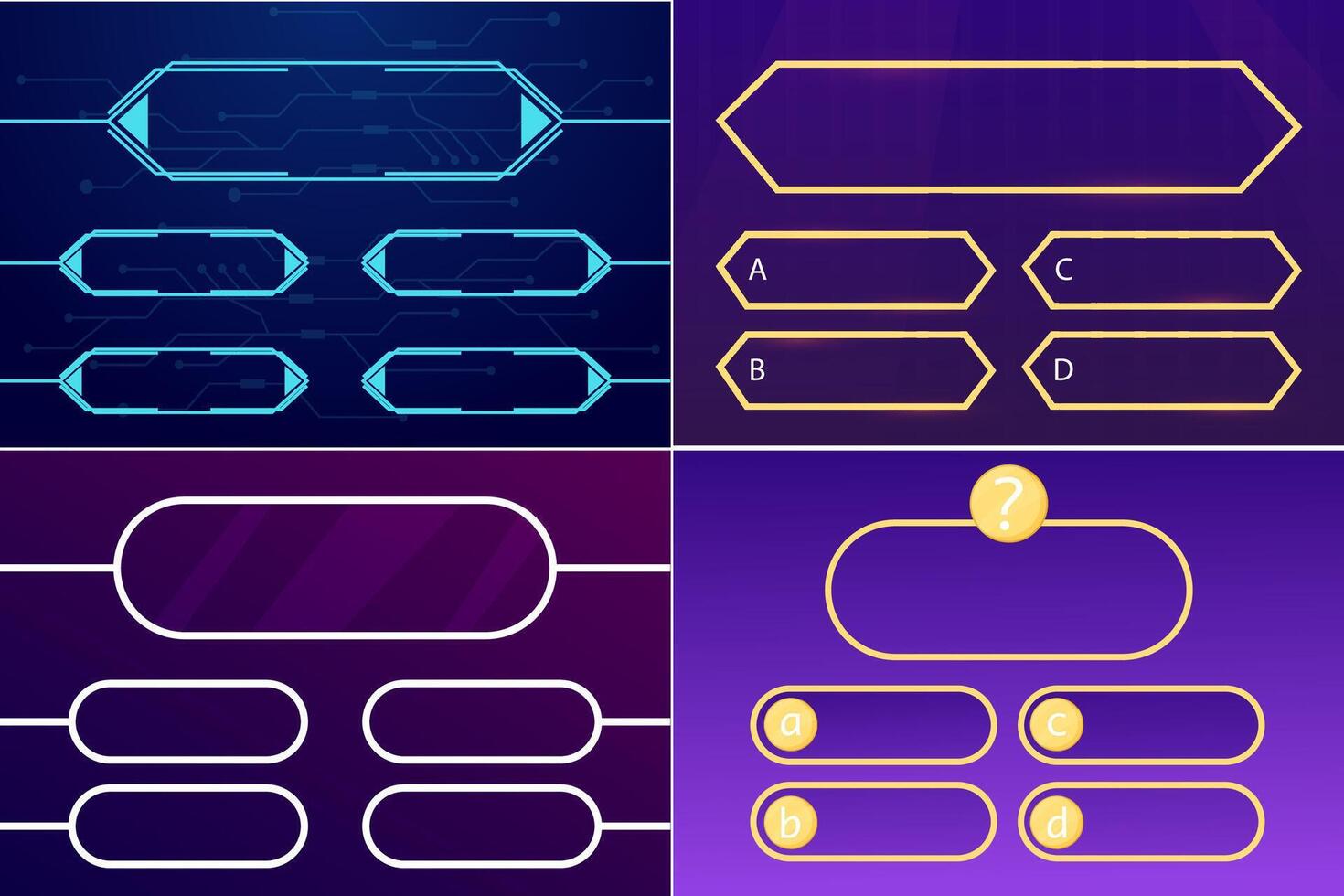 Quiz question set interface game menu, show answer trivia template background. Collection Multiple choice frame, button. Bar ui challenge. vector