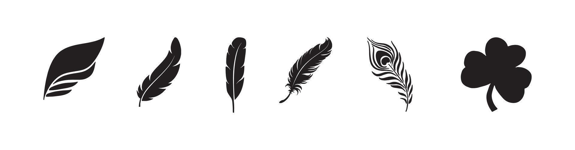 Black silhouette icons set featuring feather and leaf shapes with peacock feather and clover leaf designs for nature and decorative graphics vector