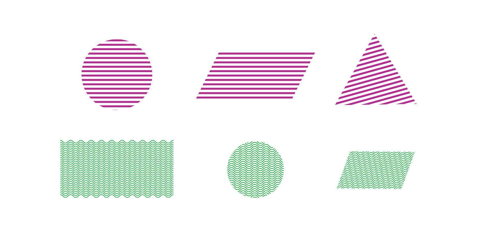 Geometric shapes with line patterns including striped circle, triangle, rectangle, parallelogram for backgrounds vector